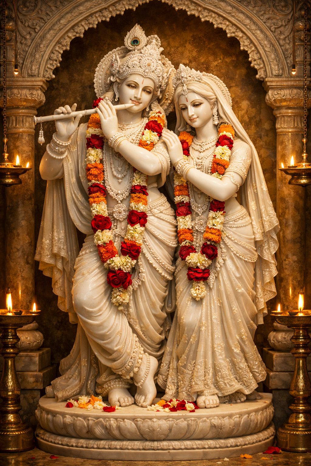Beautiful white marble Radha Krishna murti with flower garlands in temple alcove with oil lamps